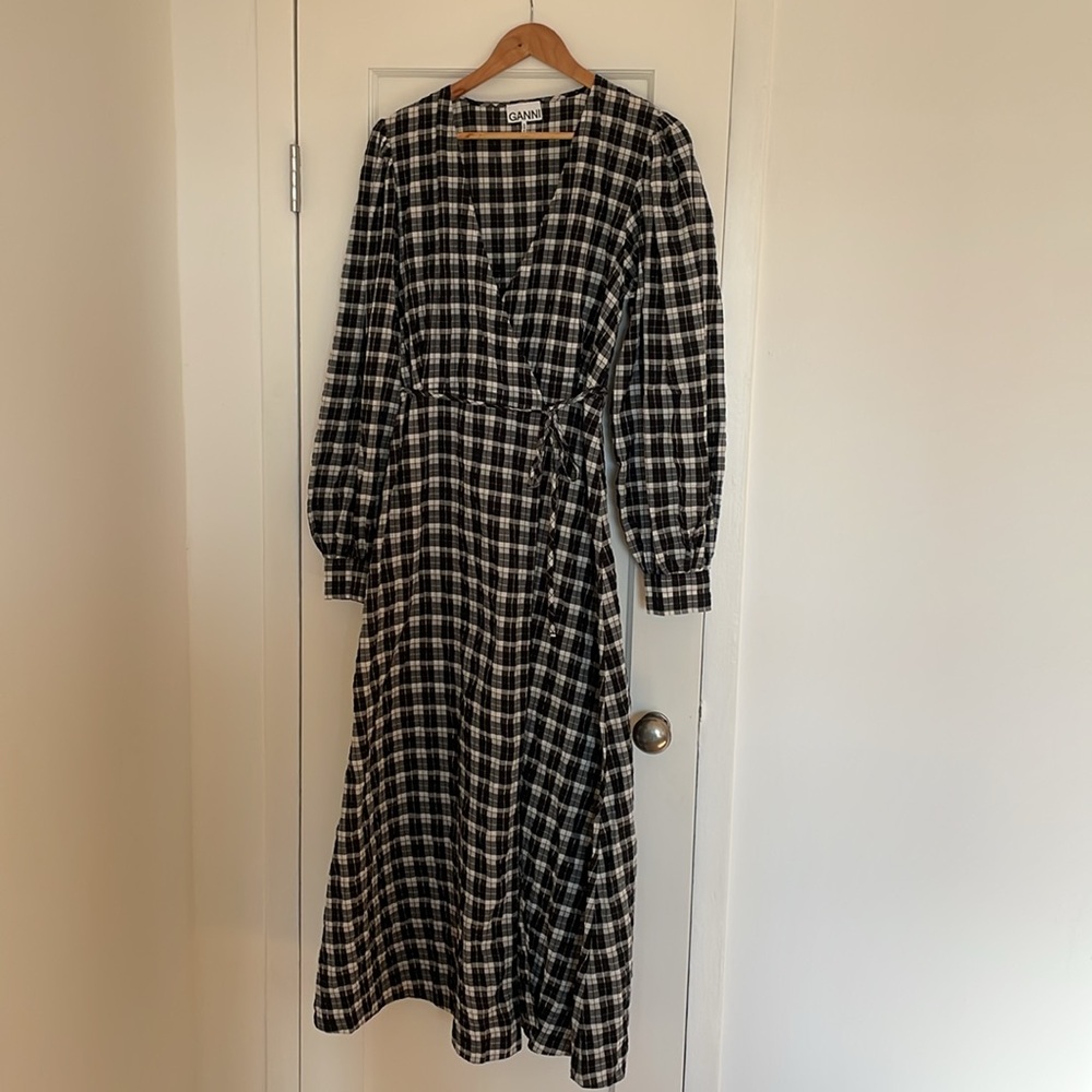 Ganni Long Sleeve Check Seersucker Wrap Dress - Picture 2 of 8